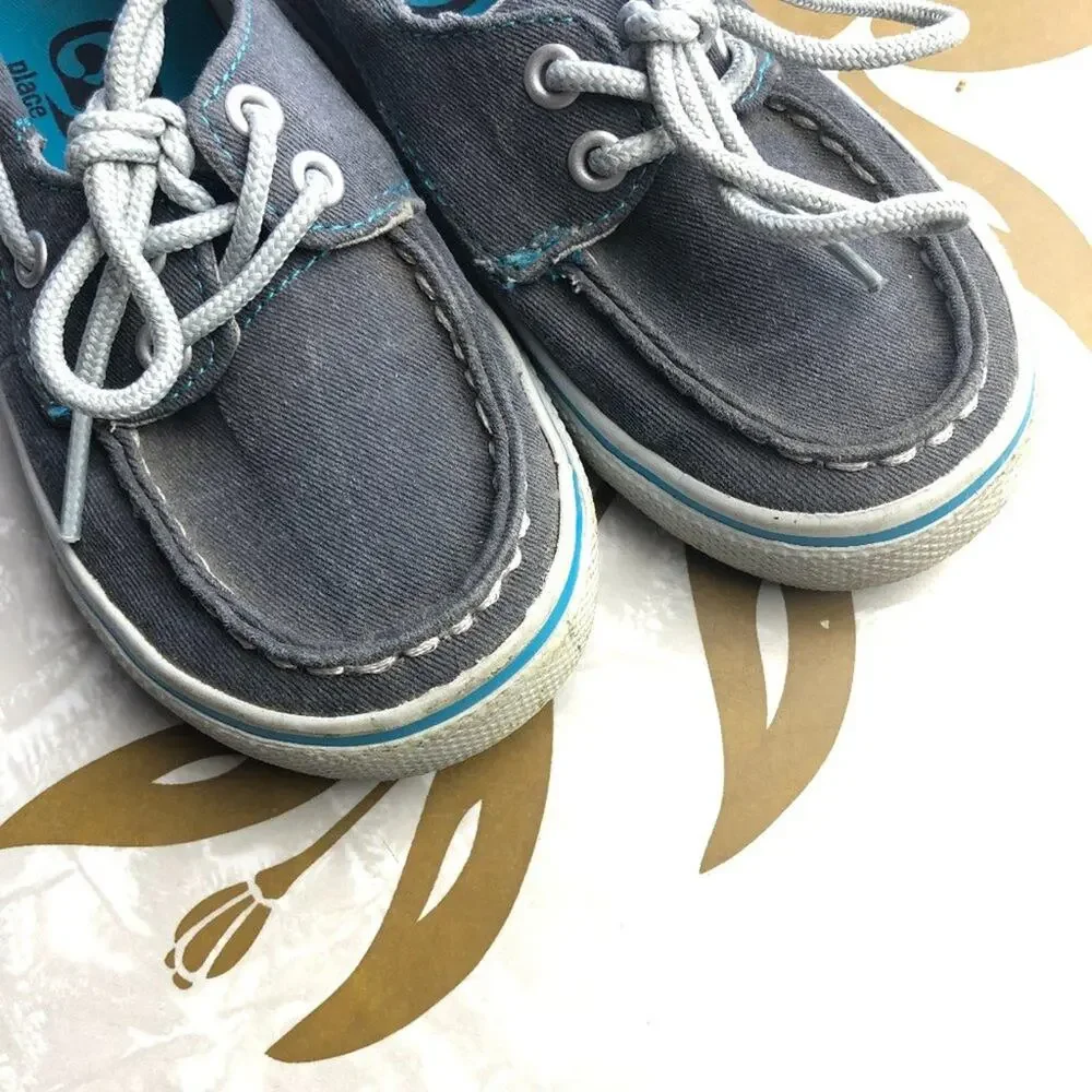 Children's Place Gray White Blue Canvas Slip On Tie Double Eye Boat Loafer Shoes